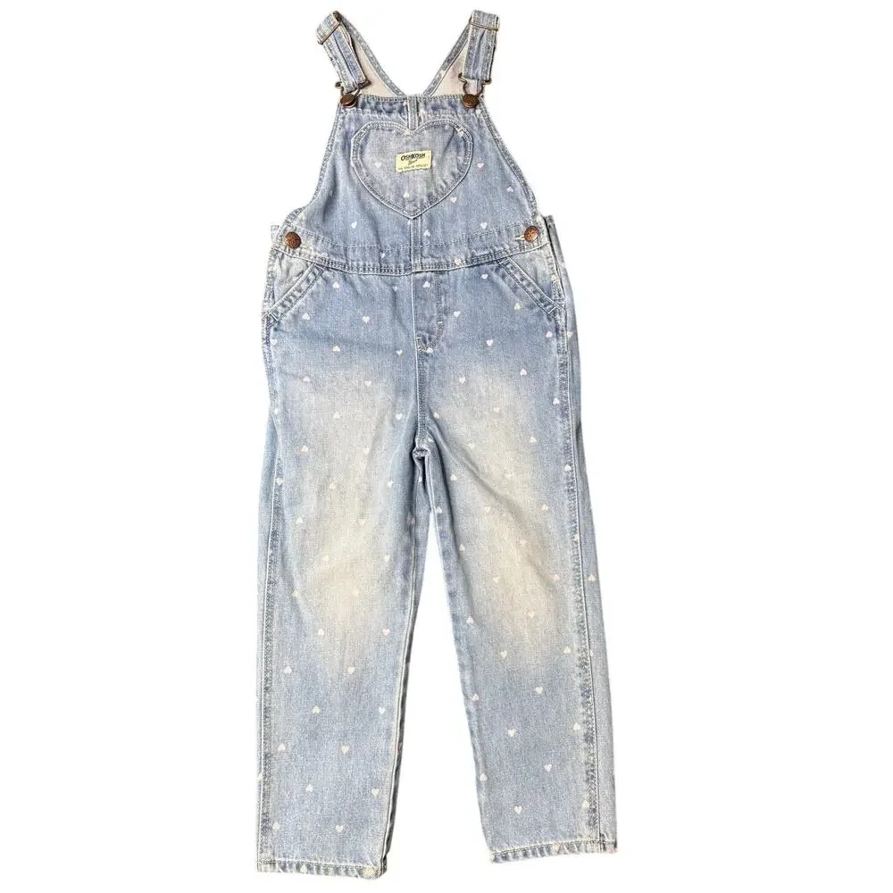 OshKosh B'gosh Pink Hearts Denim Overalls Size 5T - Picture 3 of 11